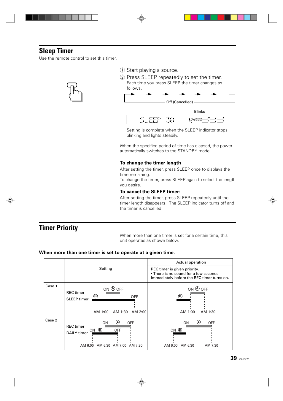 Sleep timer, Timer priority | JVC CA-EX70 User Manual | Page 39 / 51