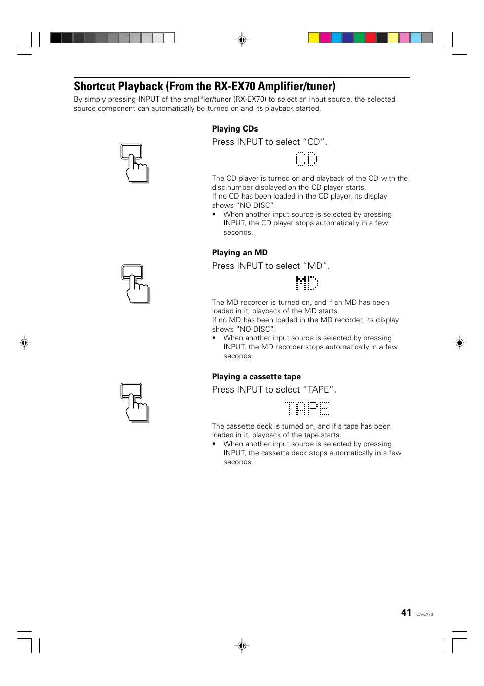 Press input to select “cd, Press input to select “md, Press input to select “tape | JVC CA-EX70 User Manual | Page 41 / 51