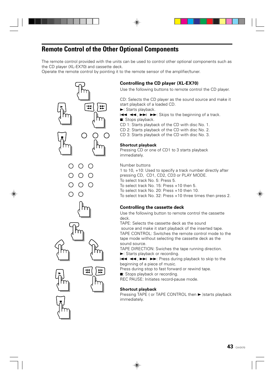 Remote control of the other optional components, Controlling the cd player (xl-ex70), Controlling the cassette deck | JVC CA-EX70 User Manual | Page 43 / 51