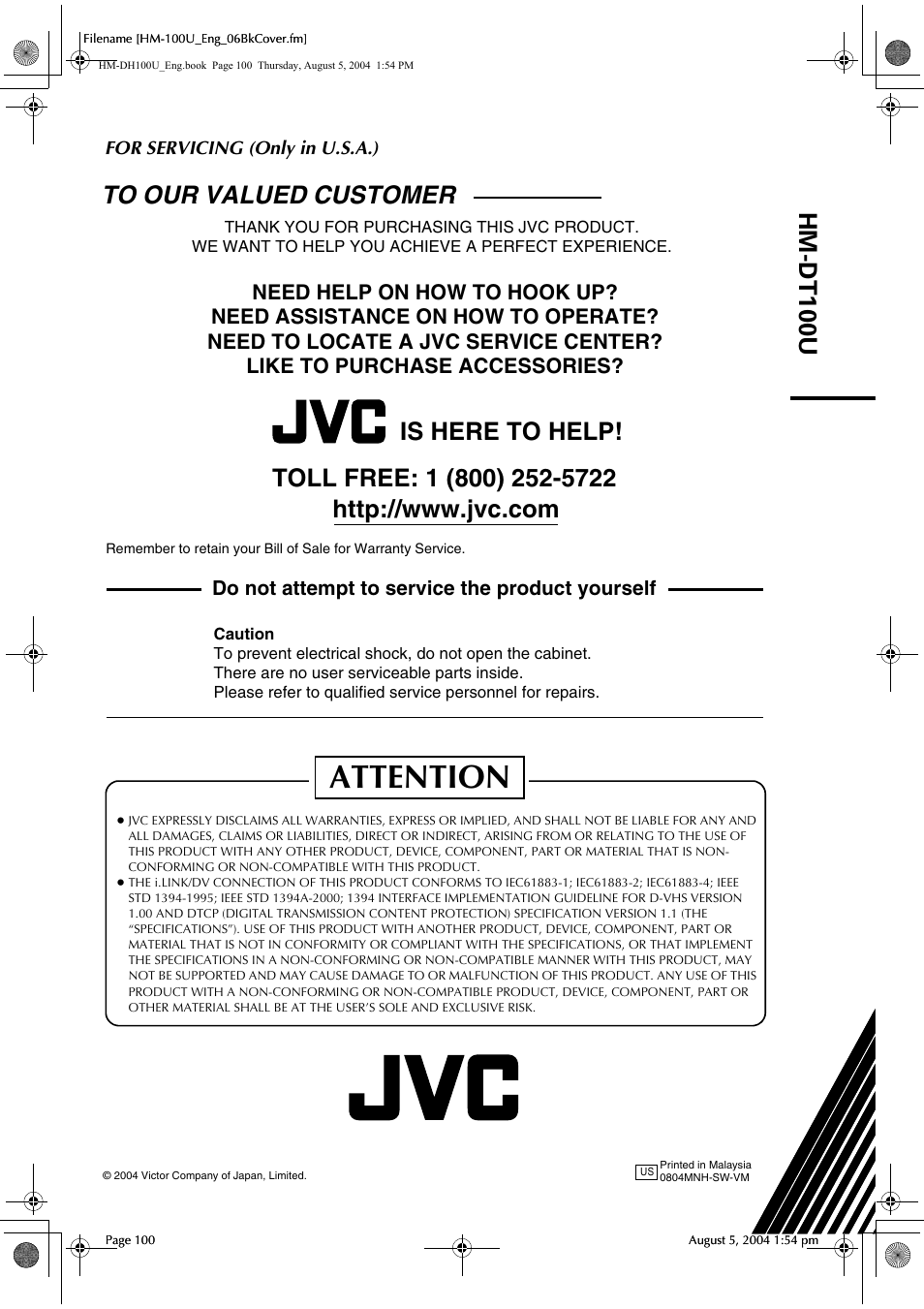 For servicing (only in u.s.a.), For serving (only in u.s.a.), Attention | Hm-dt100u, Is here to help | JVC HM-DT100U User Manual | Page 100 / 100