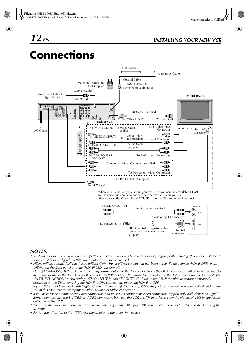Installing your new vcr, Connections | JVC HM-DT100U User Manual | Page 12 / 100
