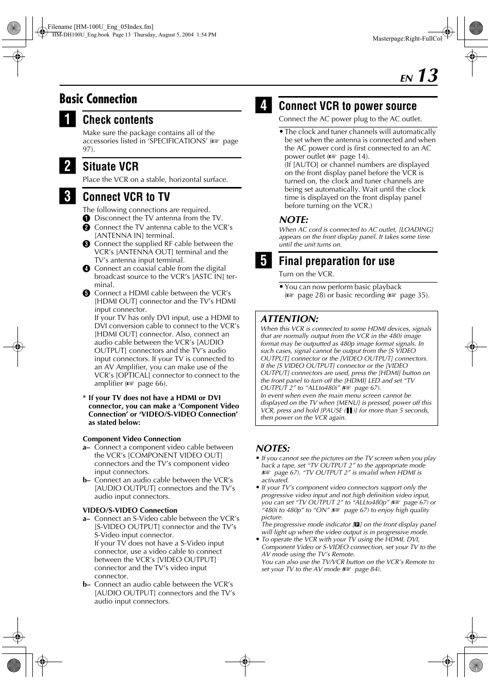 Basic connection, Check contents, Situate vcr | Connect vcr to tv, Connect vcr to power source, Final preparation for use | JVC HM-DT100U User Manual | Page 13 / 100