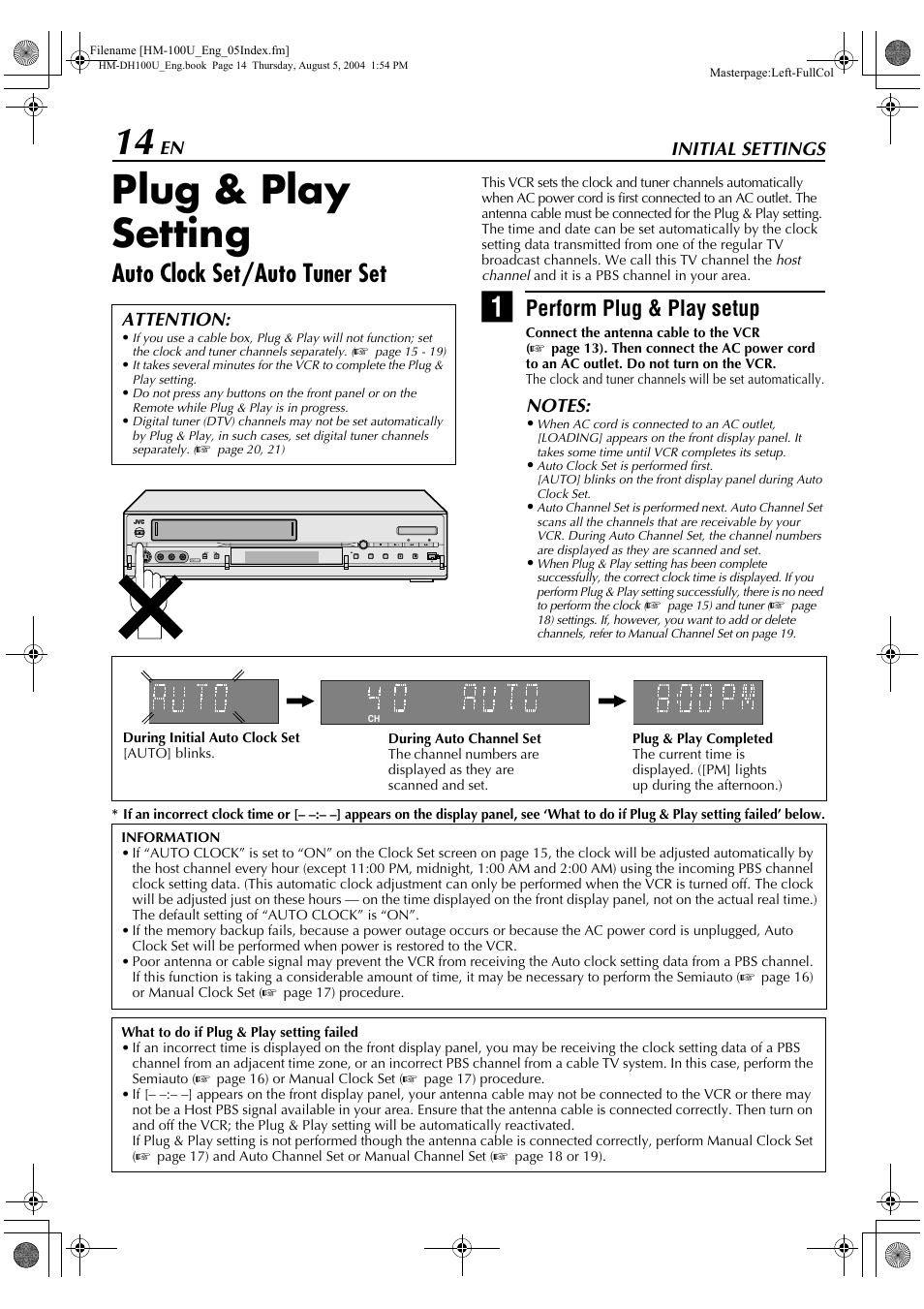 Initial settings, Plug & play setting, Auto clock set/auto tuner set | Perform plug & play setup, Attention | JVC HM-DT100U User Manual | Page 14 / 100