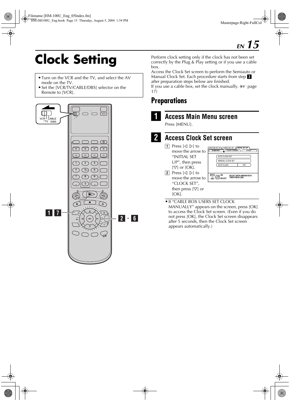 Clock setting, Preparations, Clock | Access main menu screen, Access clock set screen, B - f a g | JVC HM-DT100U User Manual | Page 15 / 100