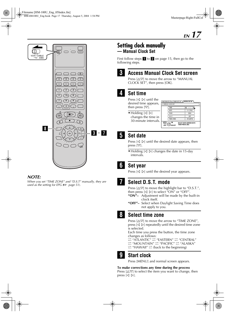Setting clock manually, Access manual clock set screen, Set time | Set date, Set year, Select d.s.t. mode, Select time zone, Start clock, Hc - g, Manual clock set | JVC HM-DT100U User Manual | Page 17 / 100
