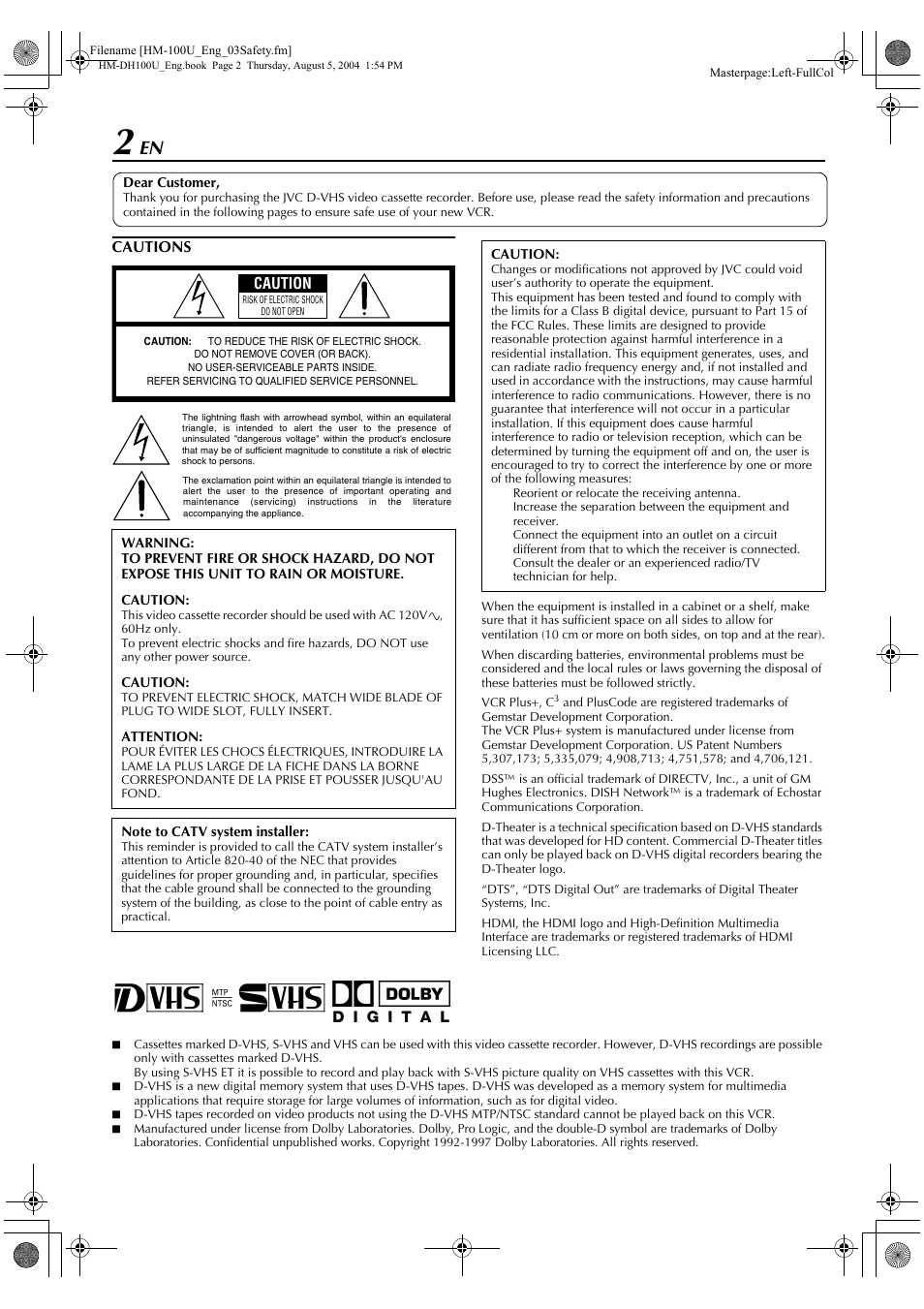 Cautions | JVC HM-DT100U User Manual | Page 2 / 100