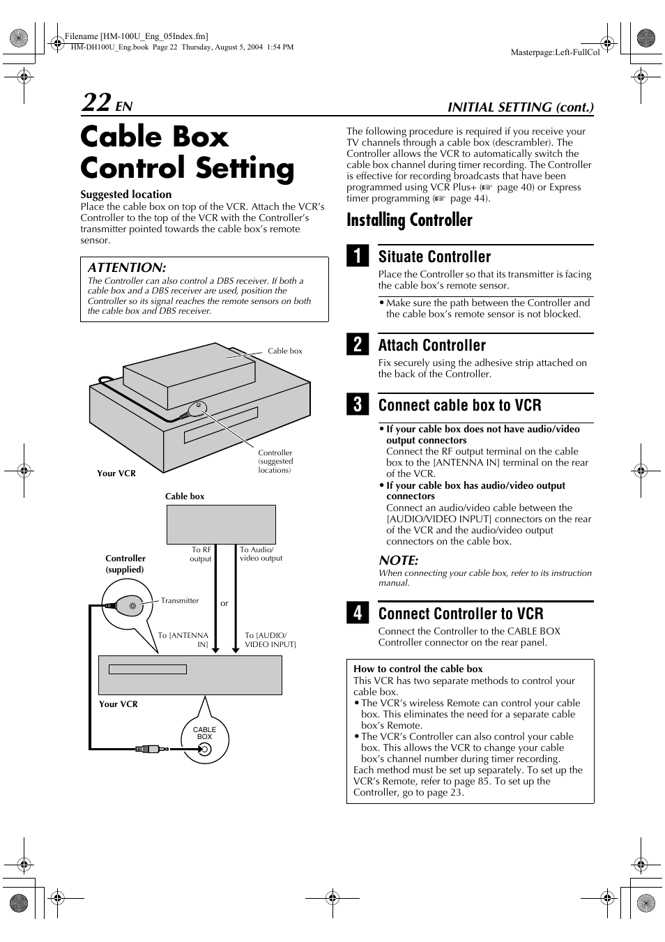 Cable box control setting, Installing controller, Situate controller | Attach controller, Connect cable box to vcr, Connect controller to vcr | JVC HM-DT100U User Manual | Page 22 / 100