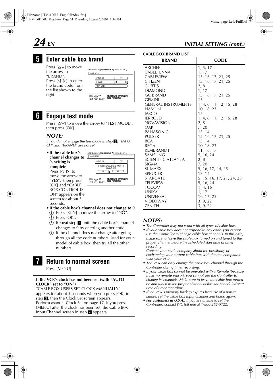 Enter cable box brand, Engage test mode, Return to normal screen | Initial setting (cont.) | JVC HM-DT100U User Manual | Page 24 / 100