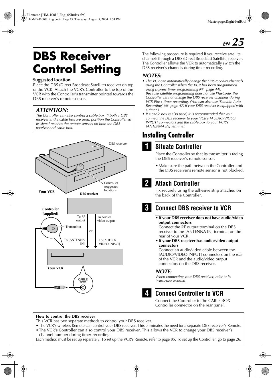 Dbs receiver control setting, Installing controller, Situate controller | Attach controller, Connect dbs receiver to vcr, Connect controller to vcr | JVC HM-DT100U User Manual | Page 25 / 100