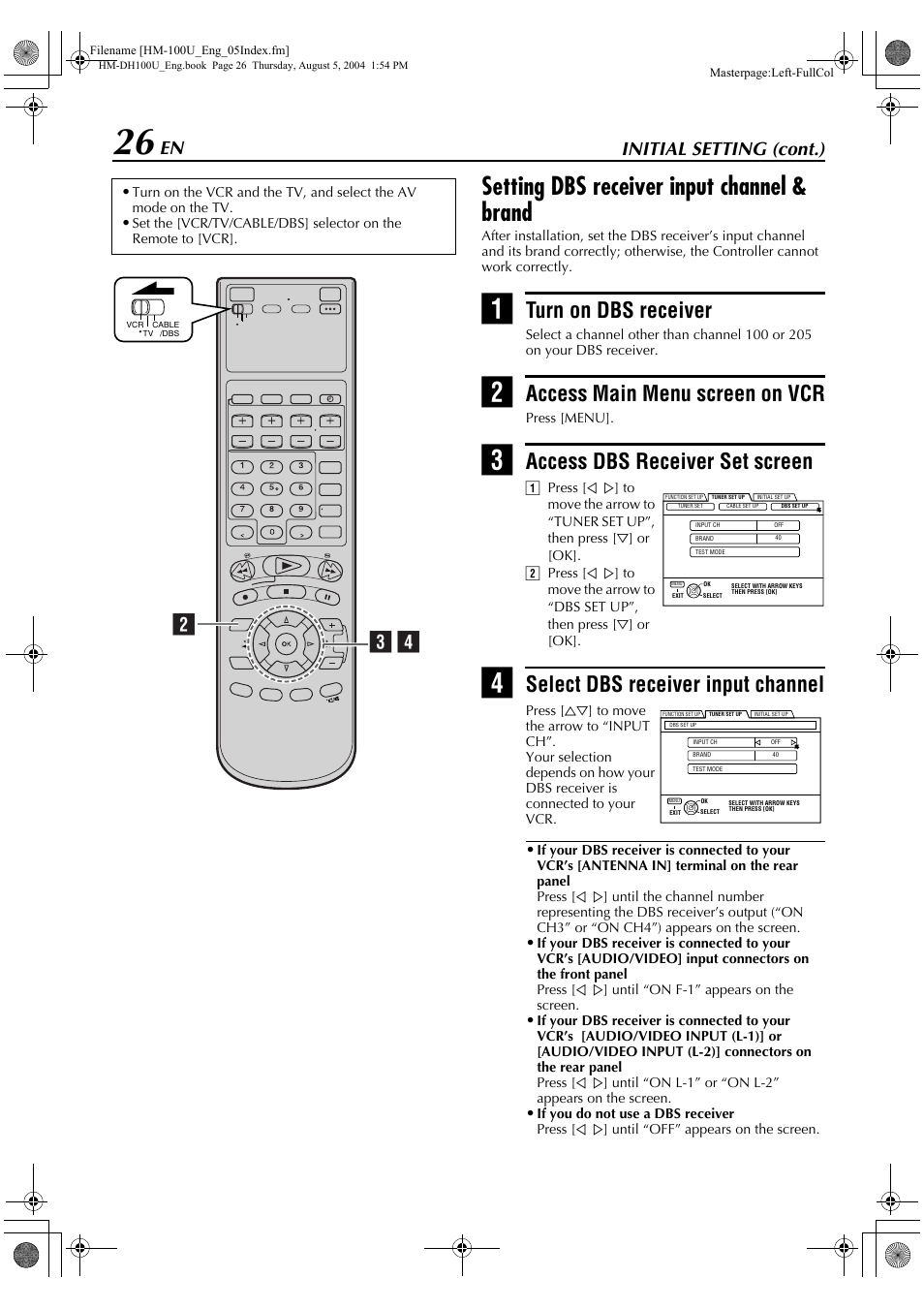 Setting dbs receiver input channel & brand, Turn on dbs receiver, Access main menu screen on vcr | Access dbs receiver set screen, Select dbs receiver input channel, Bc d, Initial setting (cont.) | JVC HM-DT100U User Manual | Page 26 / 100