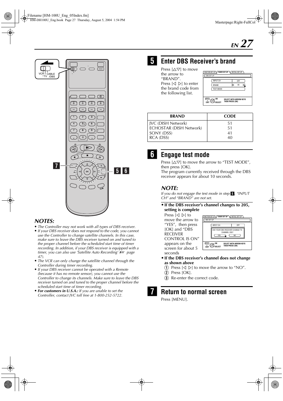 Enter dbs receiver’s brand, Engage test mode, Return to normal screen | Ge f | JVC HM-DT100U User Manual | Page 27 / 100