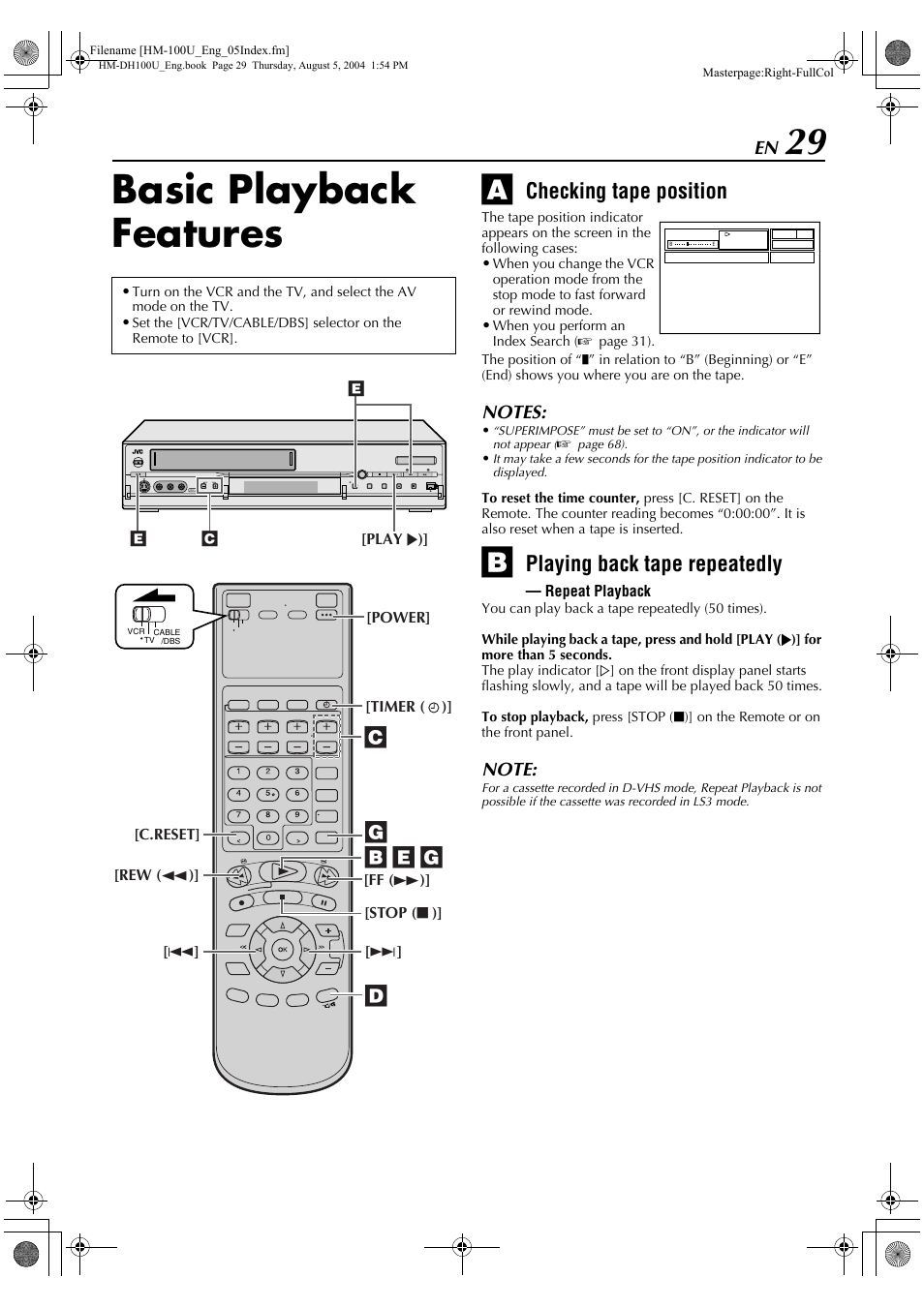 Basic playback features, Checking tape position, Playing back tape repeatedly | JVC HM-DT100U User Manual | Page 29 / 100