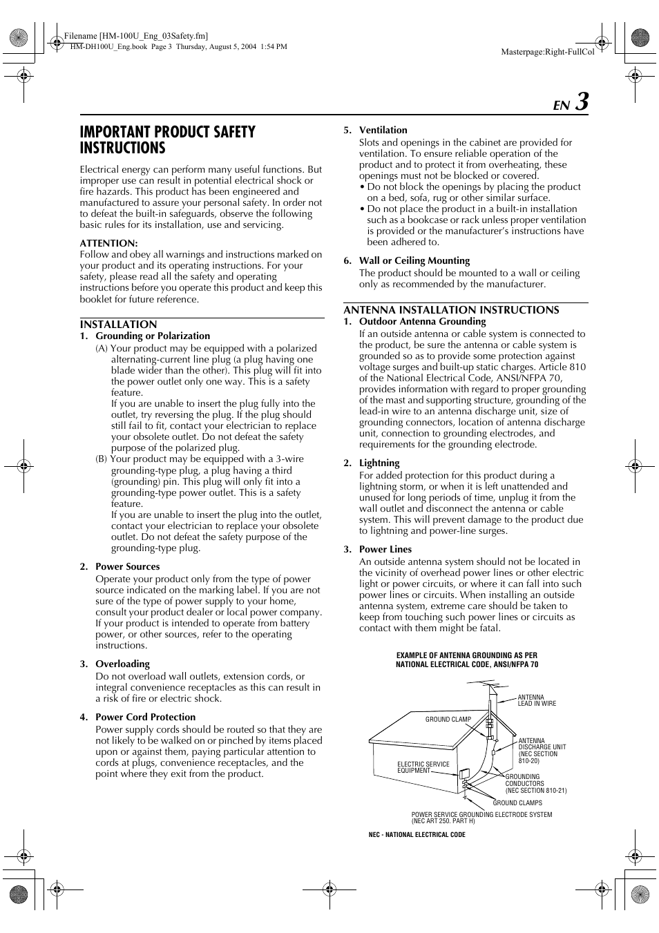 Important product safety instructions | JVC HM-DT100U User Manual | Page 3 / 100