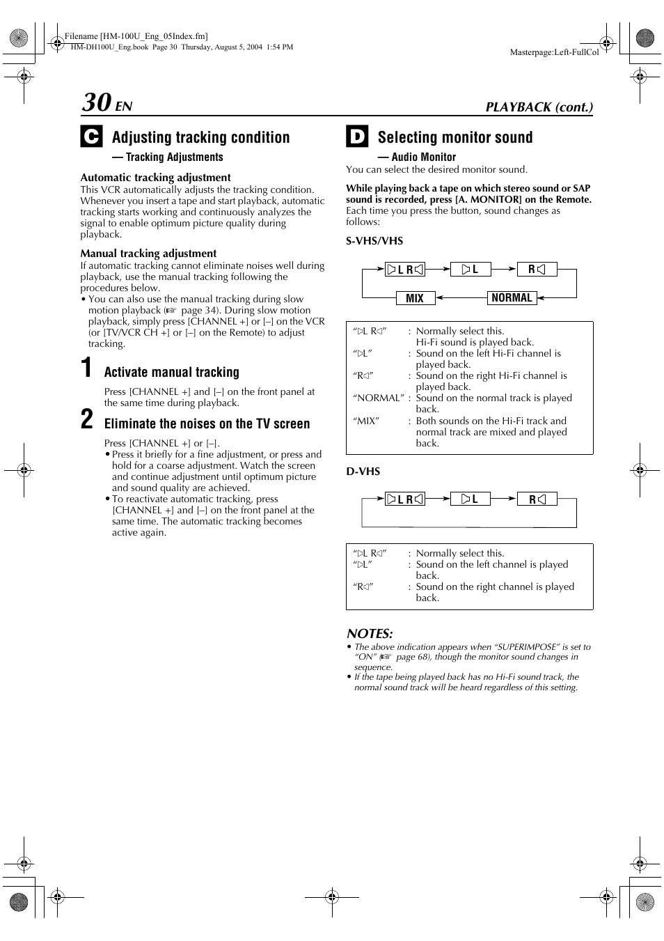 Adjusting tracking condition, Selecting monitor sound | JVC HM-DT100U User Manual | Page 30 / 100