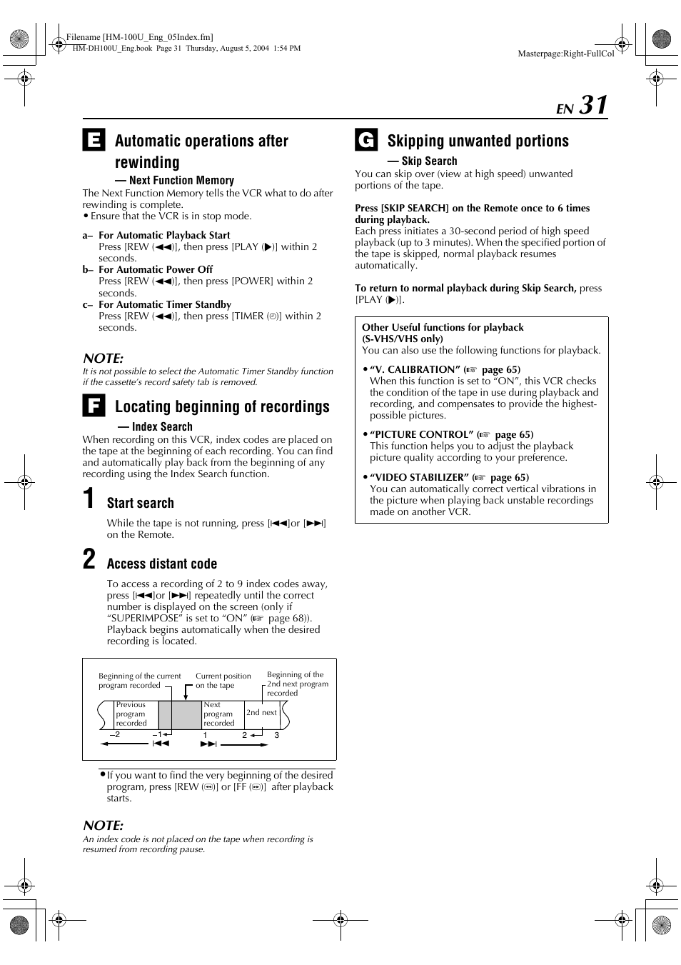 Automatic operations after rewinding, Locating beginning of recordings, Skipping unwanted portions | JVC HM-DT100U User Manual | Page 31 / 100
