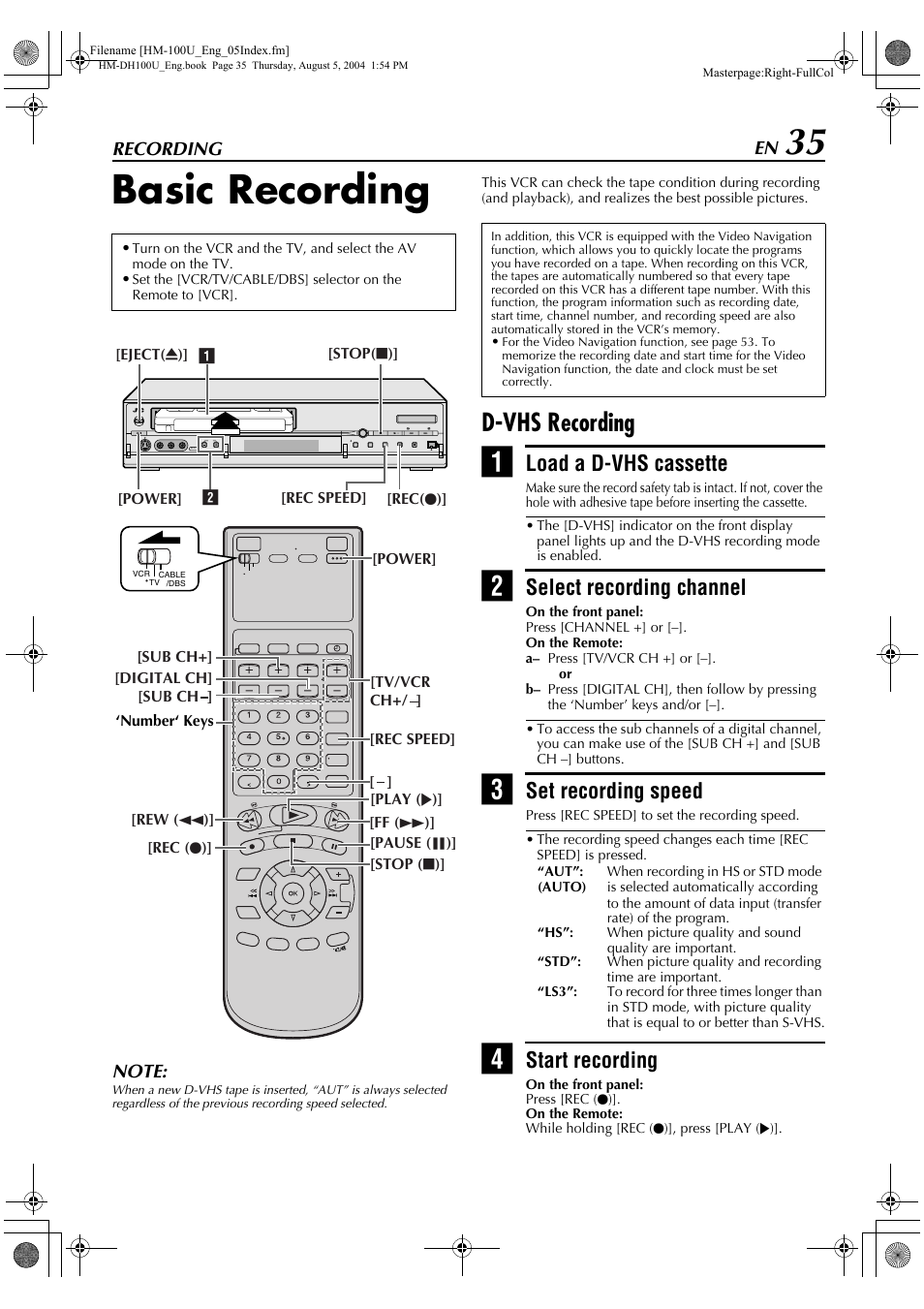 Recording, Basic recording, D-vhs recording | Load a d-vhs cassette, Select recording channel, Set recording speed, Start recording | JVC HM-DT100U User Manual | Page 35 / 100