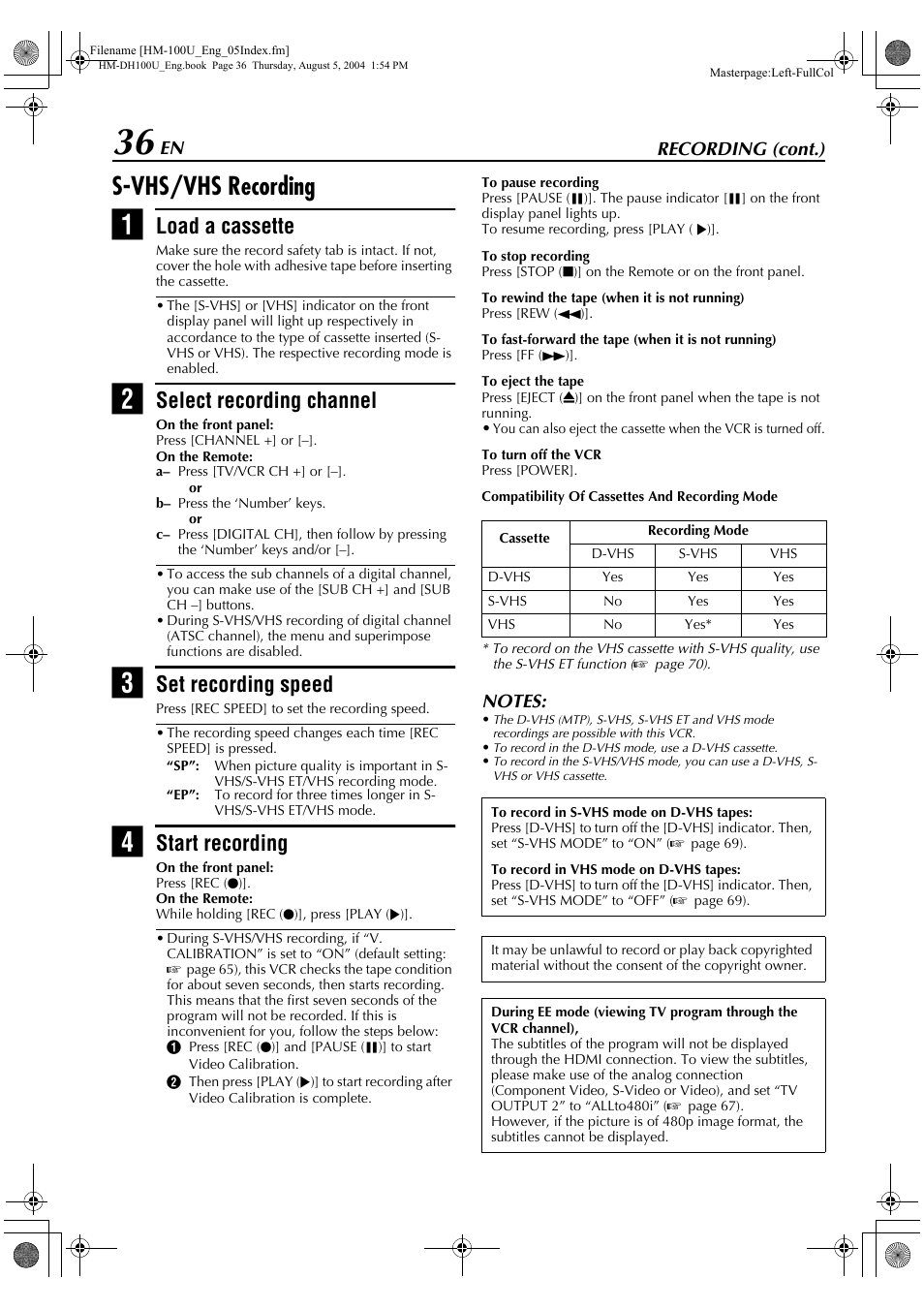 S-vhs/vhs recording, Load a cassette, Select recording channel | Set recording speed, Start recording | JVC HM-DT100U User Manual | Page 36 / 100