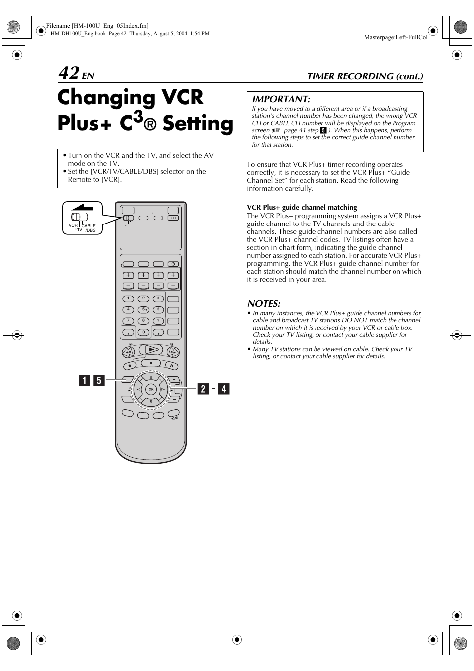 Changing vcr plus+ c3® setting, Changing vcr plus+ c, Setting | A e b - d | JVC HM-DT100U User Manual | Page 42 / 100