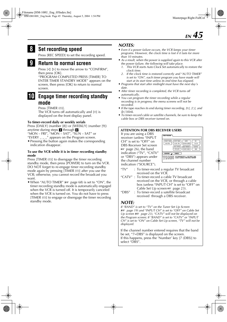 Set recording speed, Return to normal screen, Engage timer recording standby mode | JVC HM-DT100U User Manual | Page 45 / 100