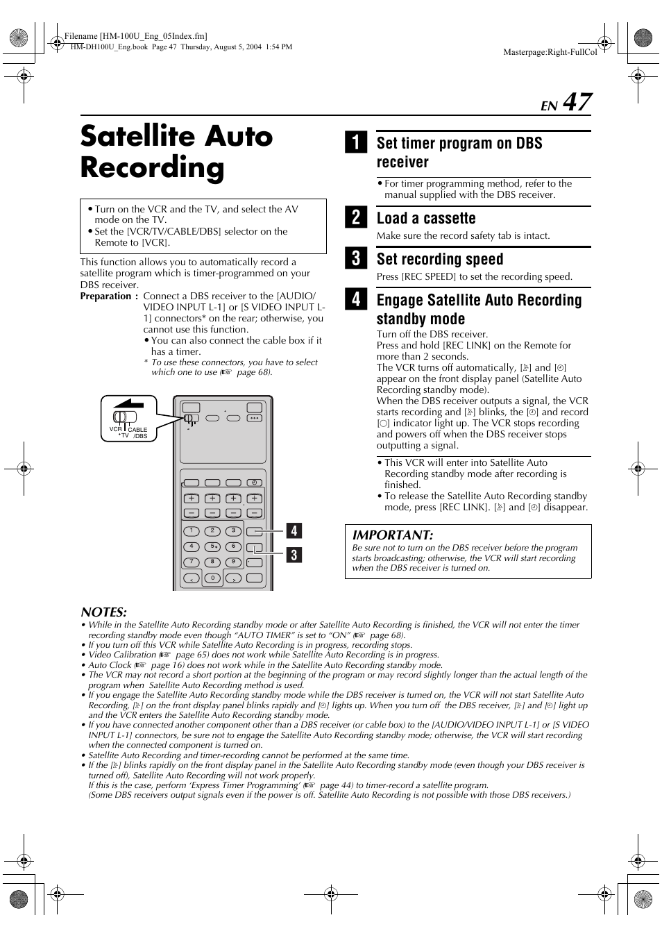 Satellite auto recording, Timer, you can also use ‘satellite auto recording, Set timer program on dbs receiver | Load a cassette, Set recording speed, Engage satellite auto recording standby mode | JVC HM-DT100U User Manual | Page 47 / 100
