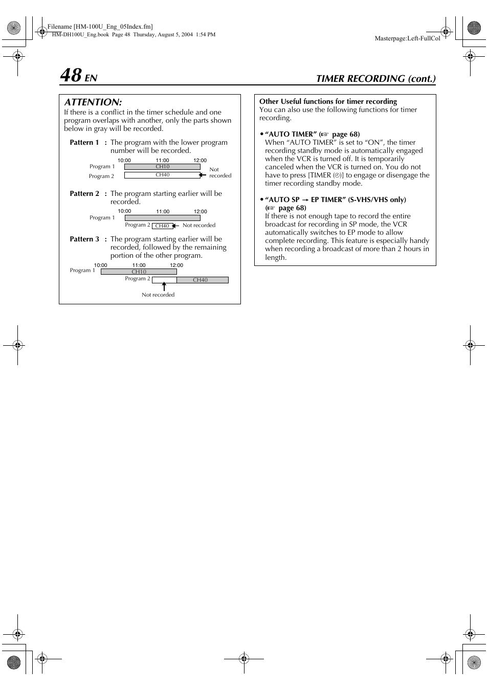 Timer recording (cont.), Attention | JVC HM-DT100U User Manual | Page 48 / 100