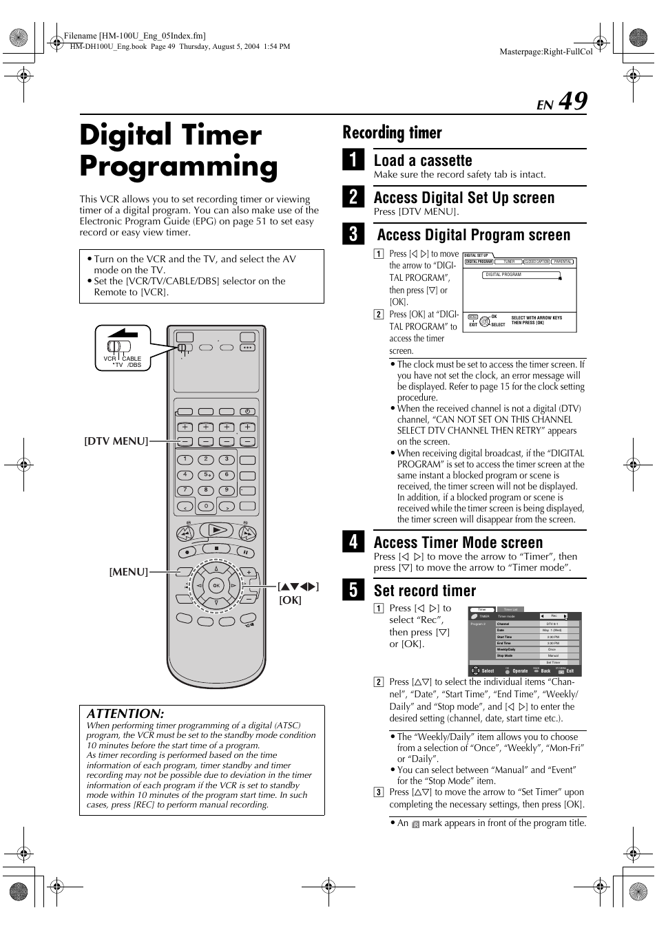 Digital timer programming, Recording timer, Load a cassette | Access digital set up screen, Access digital program screen, Access timer mode screen, Set record timer, Attention, Jkhi ] [dtv menu] [menu] [ok | JVC HM-DT100U User Manual | Page 49 / 100