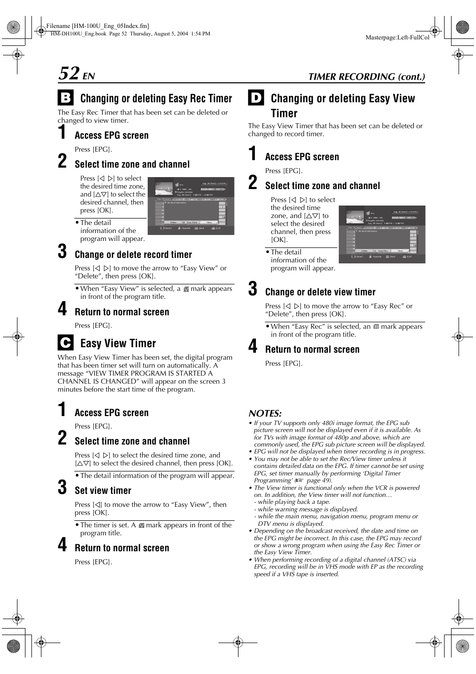 Changing or deleting easy rec timer, Easy view timer, Changing or deleting easy view timer | JVC HM-DT100U User Manual | Page 52 / 100