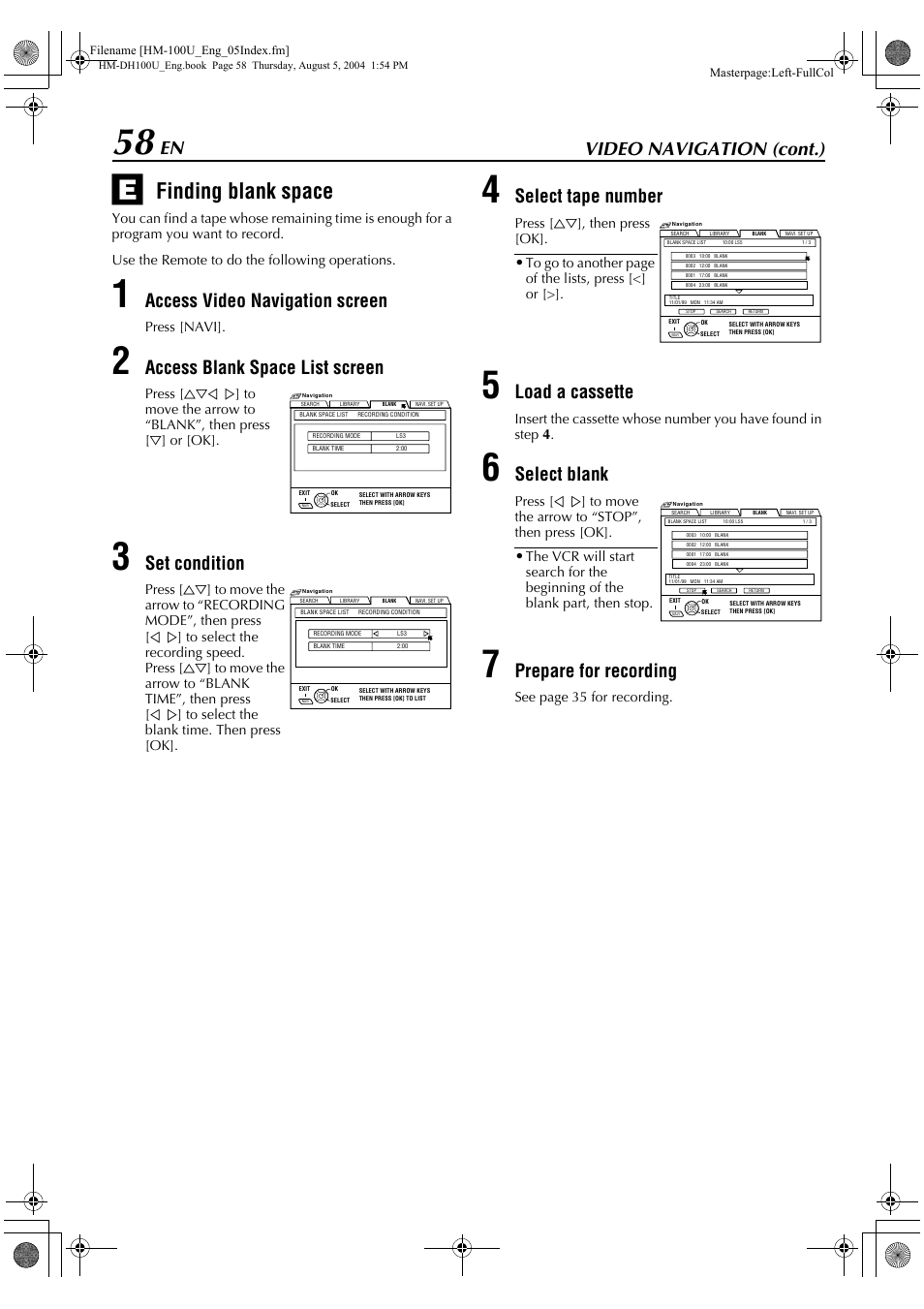 Finding blank space, Video navigation (cont.), Access video navigation screen | Access blank space list screen, Set condition, Select tape number, Load a cassette, Select blank, Prepare for recording | JVC HM-DT100U User Manual | Page 58 / 100