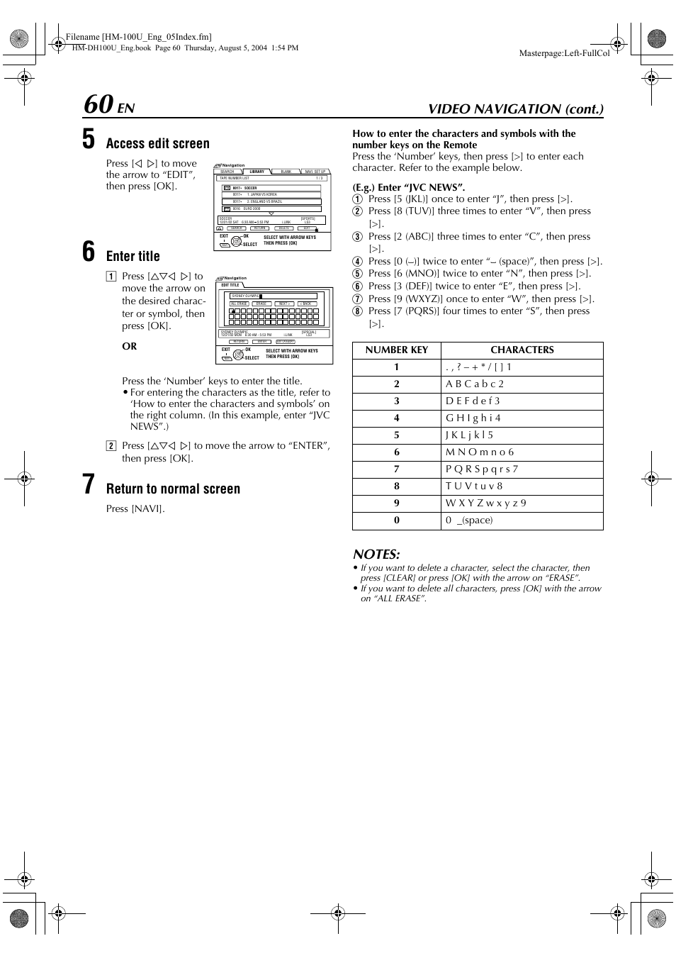 Video navigation (cont.), Access edit screen, Enter title | Return to normal screen | JVC HM-DT100U User Manual | Page 60 / 100