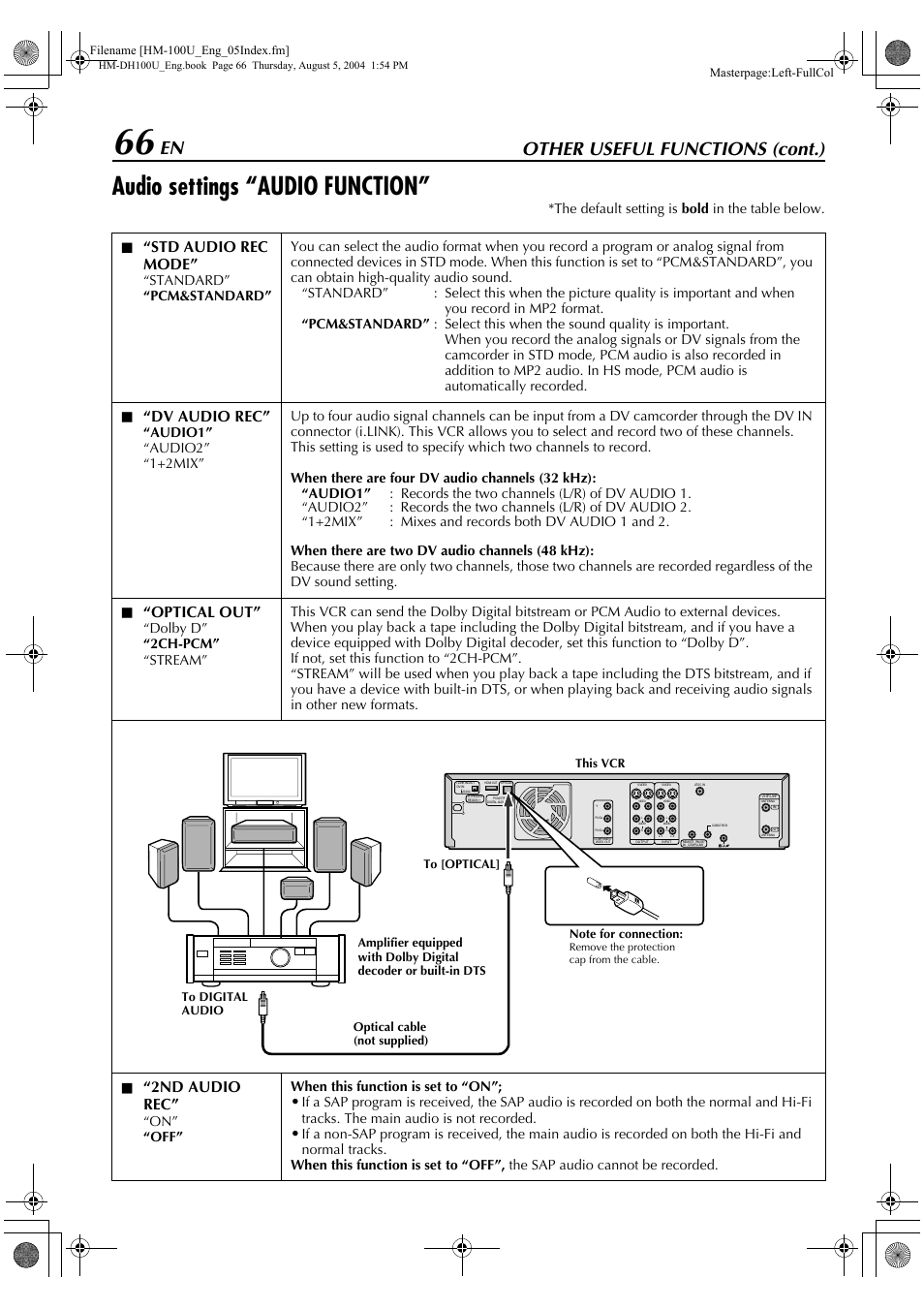 Audio settings “audio function, Other useful functions (cont.), Std audio rec mode | Dv audio rec, Optical out, 2nd audio rec, The default setting is bold in the table below. l, On” “off” when this function is set to “on | JVC HM-DT100U User Manual | Page 66 / 100
