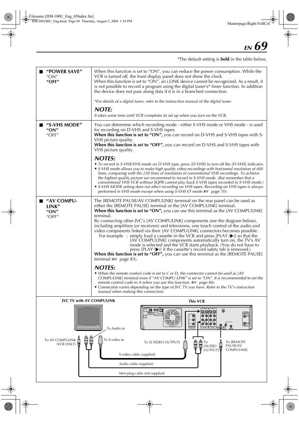Power save, S-vhs mode, Av compu- link | The default setting is bold in the table below. l | JVC HM-DT100U User Manual | Page 69 / 100