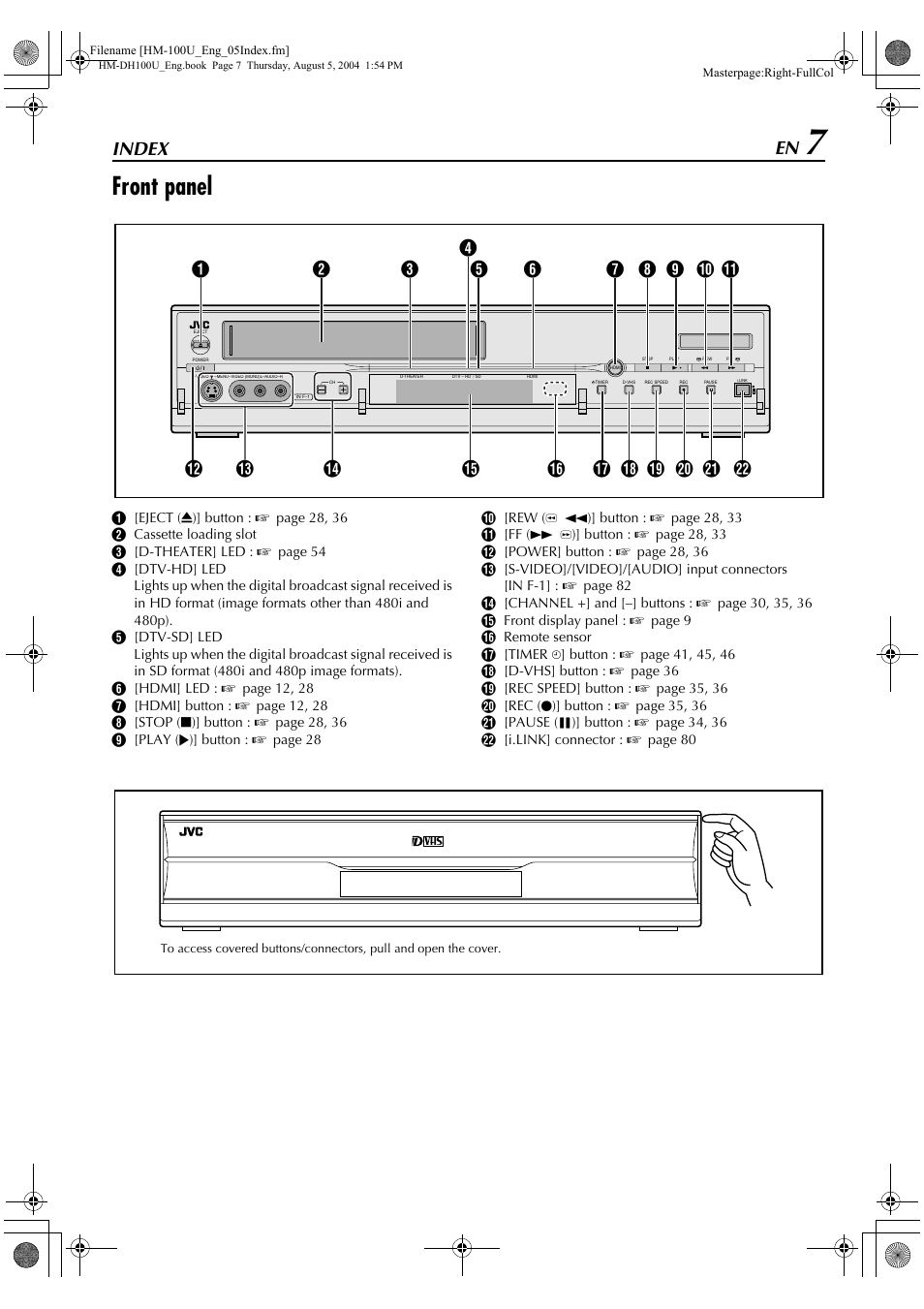 Index, Front panel | JVC HM-DT100U User Manual | Page 7 / 100