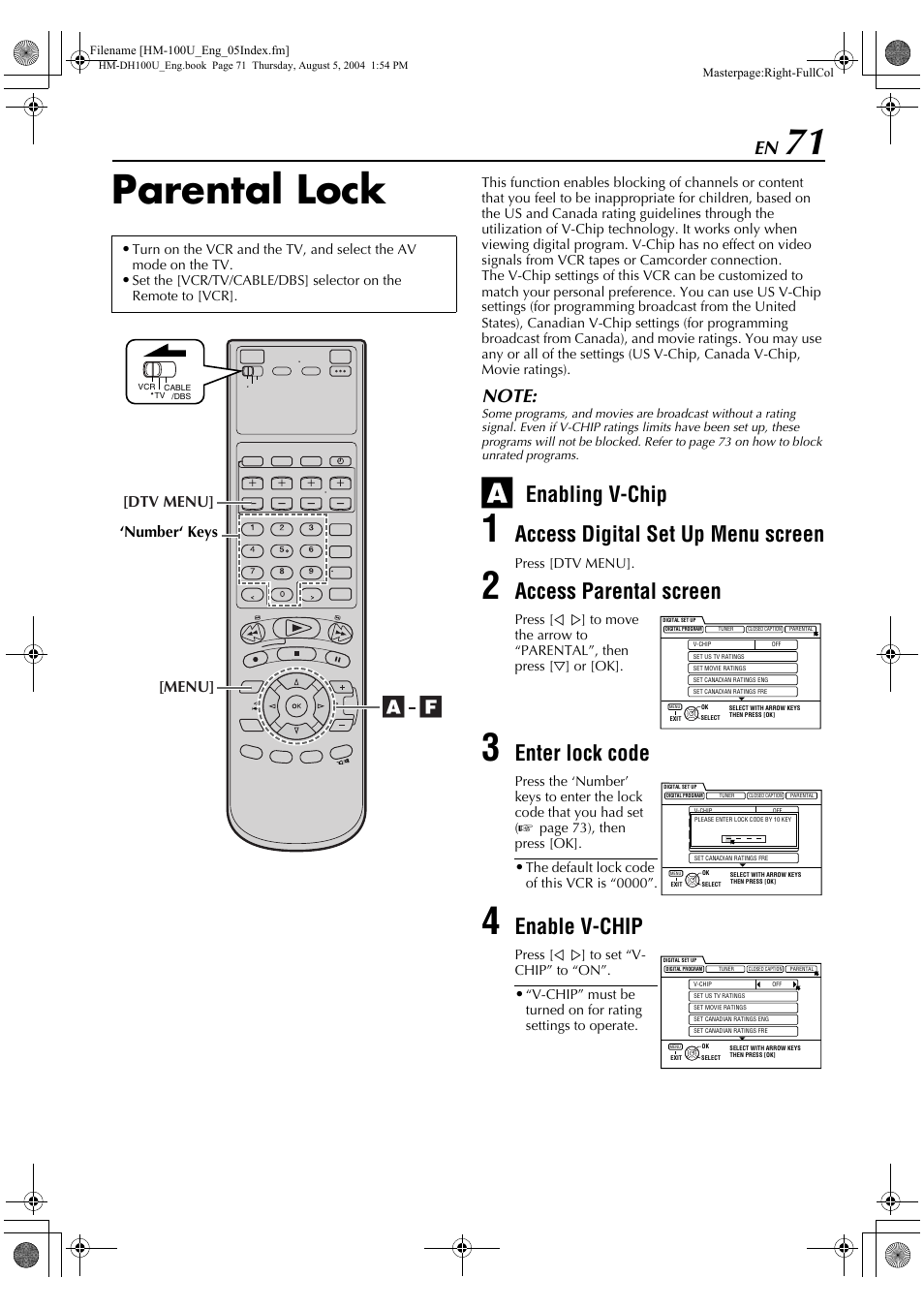 Parental lock, Enabling v-chip, Access digital set up menu screen | Access parental screen, Enter lock code, Enable v-chip, Menu] [dtv menu | JVC HM-DT100U User Manual | Page 71 / 100