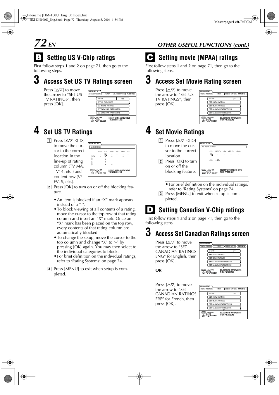 Setting us v-chip ratings, Setting movie (mpaa) ratings, Setting canadian v-chip ratings | Access set us tv ratings screen, Set us tv ratings, Access set movie rating screen, Set movie ratings, Access set canadian ratings screen, Other useful functions (cont.) | JVC HM-DT100U User Manual | Page 72 / 100