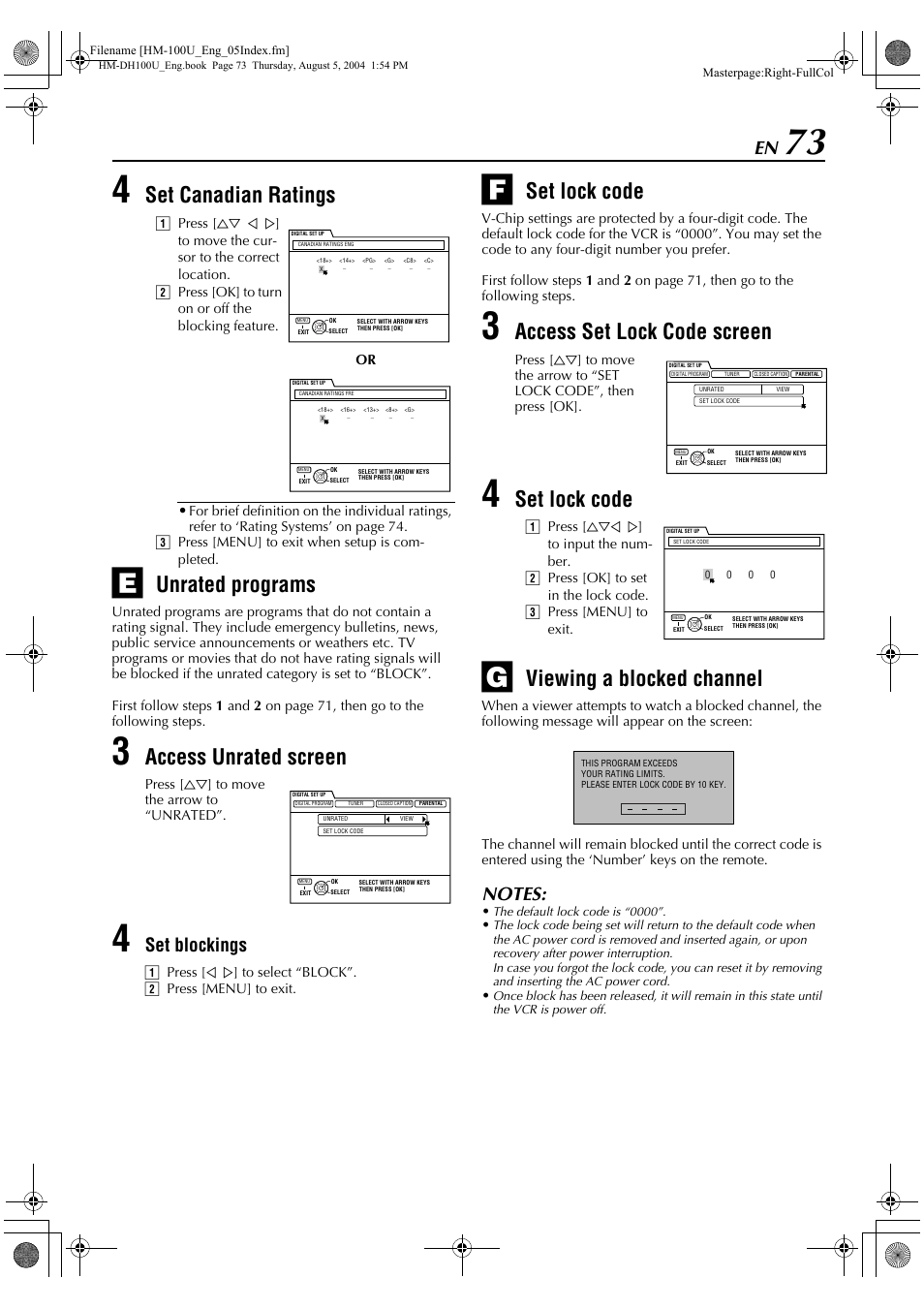 Unrated programs, Set lock code, Viewing a blocked channel | Set canadian ratings, Access unrated screen, Access set lock code screen, Set blockings | JVC HM-DT100U User Manual | Page 73 / 100