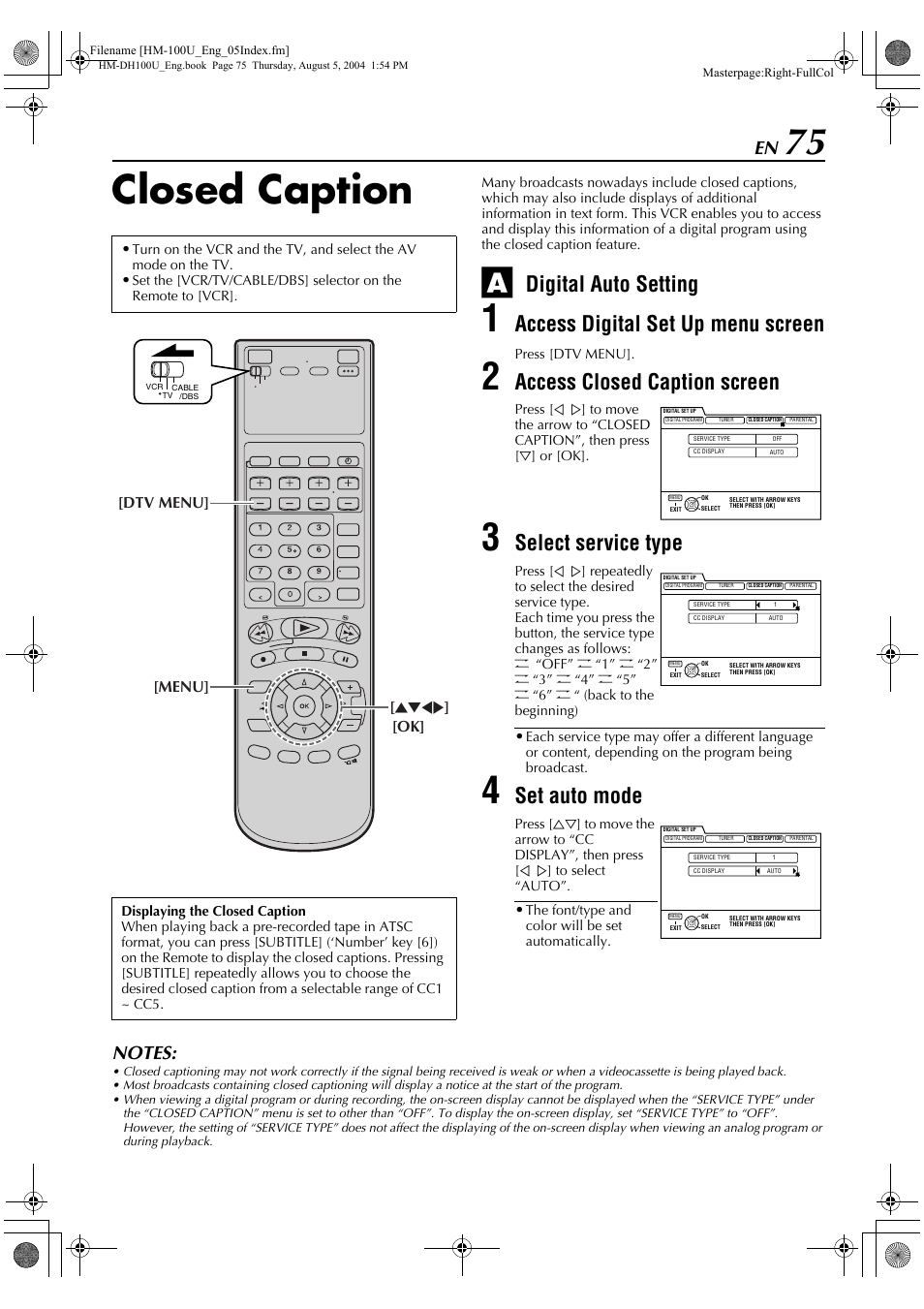 Closed caption, Digital auto setting, Access digital set up menu screen | Access closed caption screen, Select service type, Set auto mode, Jkhi ] [dtv menu] [menu] [ok | JVC HM-DT100U User Manual | Page 75 / 100