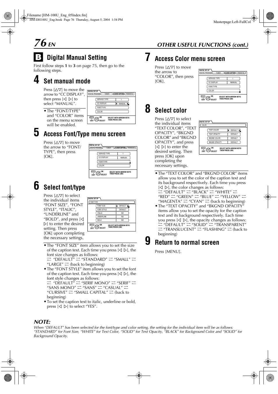 Digital manual setting, Set manual mode, Access font/type menu screen | Select font/type, Access color menu screen, Select color, Return to normal screen, Other useful functions (cont.), Press [menu | JVC HM-DT100U User Manual | Page 76 / 100