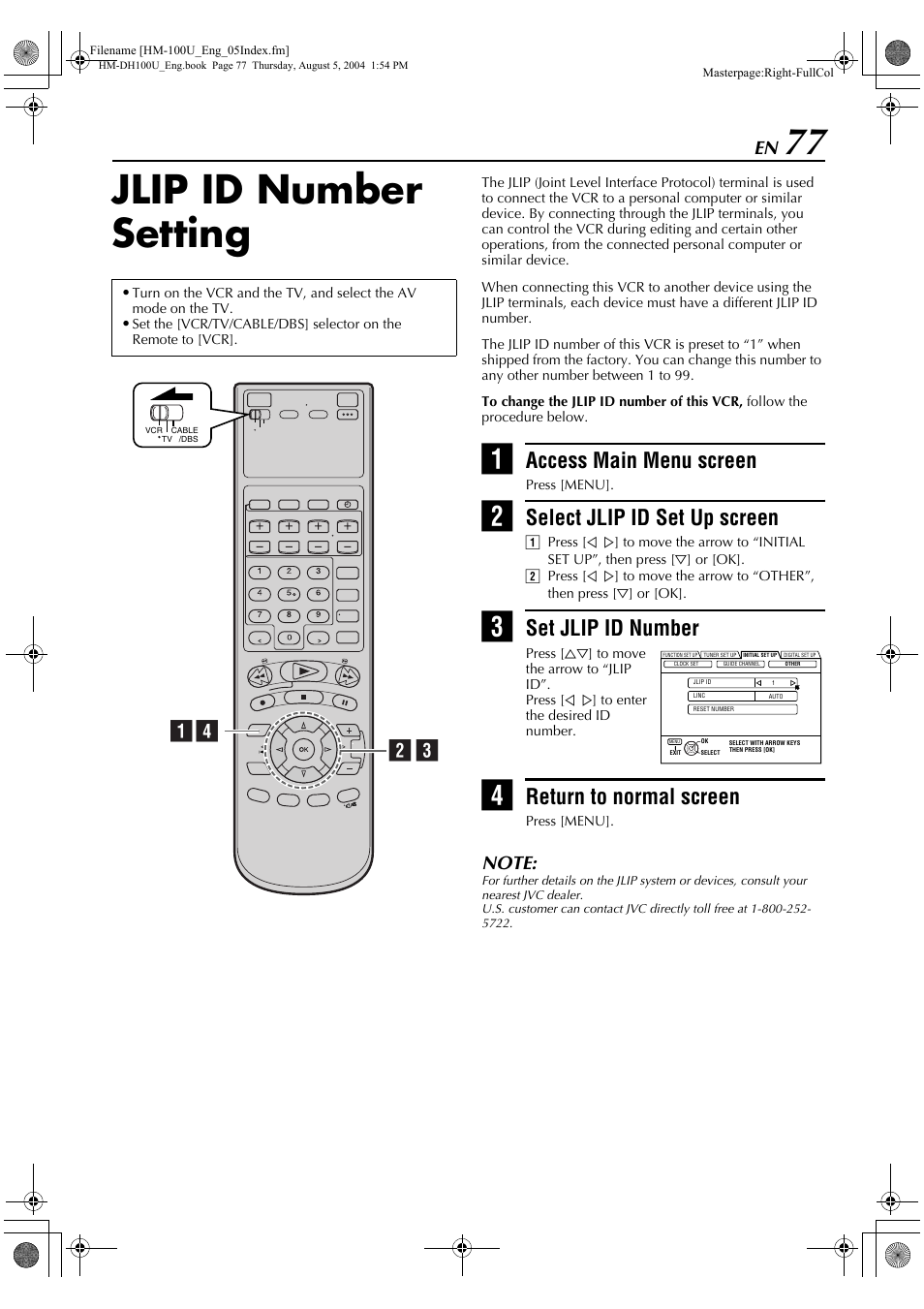 Jlip id number setting, Access main menu screen, Select jlip id set up screen | Set jlip id number, Return to normal screen, B c a | JVC HM-DT100U User Manual | Page 77 / 100