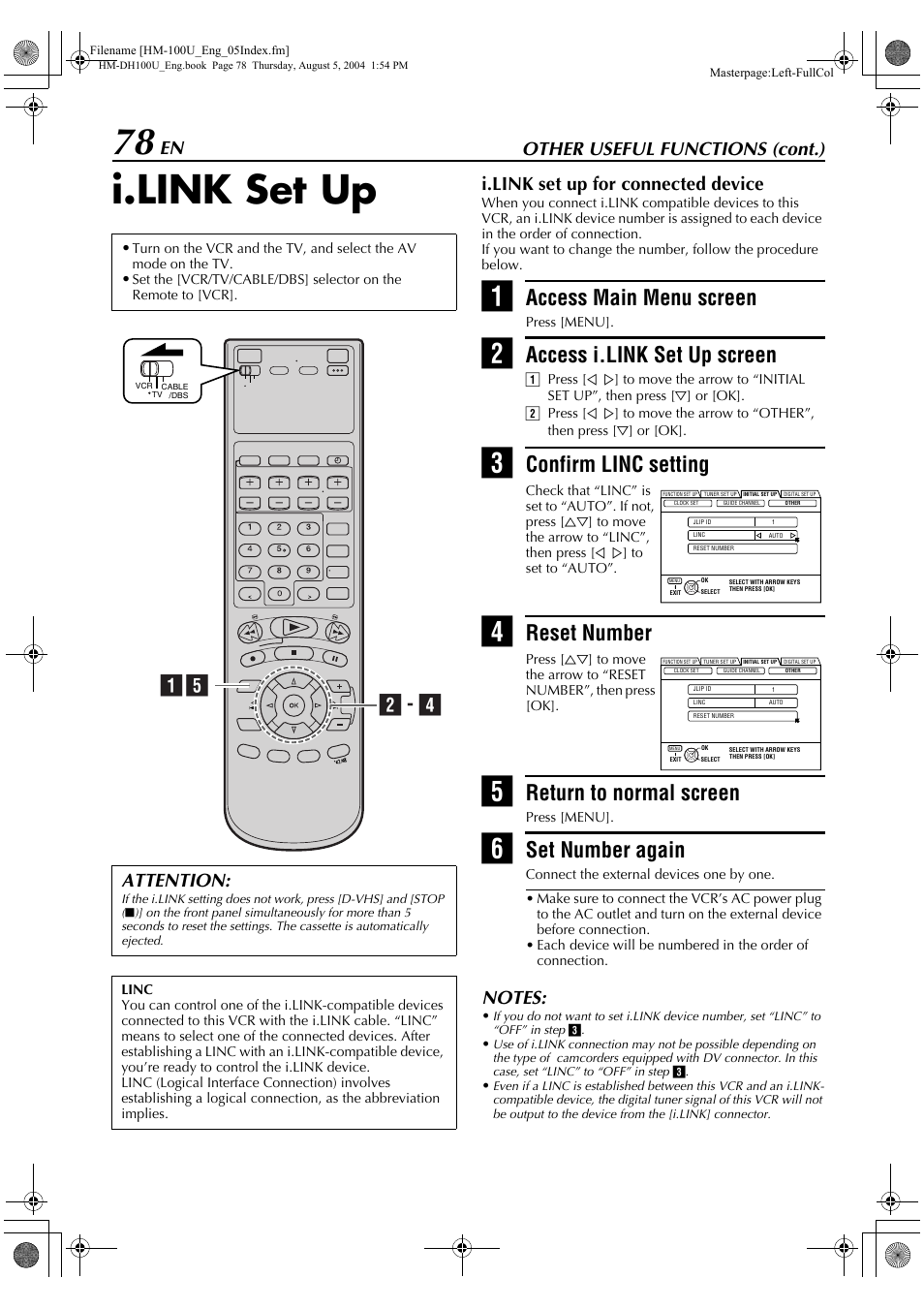I.link set up, Access main menu screen, Access i.link set up screen | Confirm linc setting, Reset number, Return to normal screen, Set number again, B - d a, Other useful functions (cont.), I.link set up for connected device | JVC HM-DT100U User Manual | Page 78 / 100