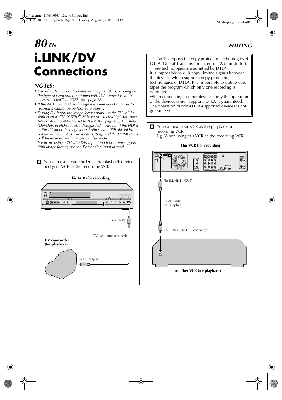 Editing, I.link/dv connections, Masterpage:left-fullcol | Page 78), This vcr (for recording), Dv camcorder (for playback), Another vcr (for playback) | JVC HM-DT100U User Manual | Page 80 / 100