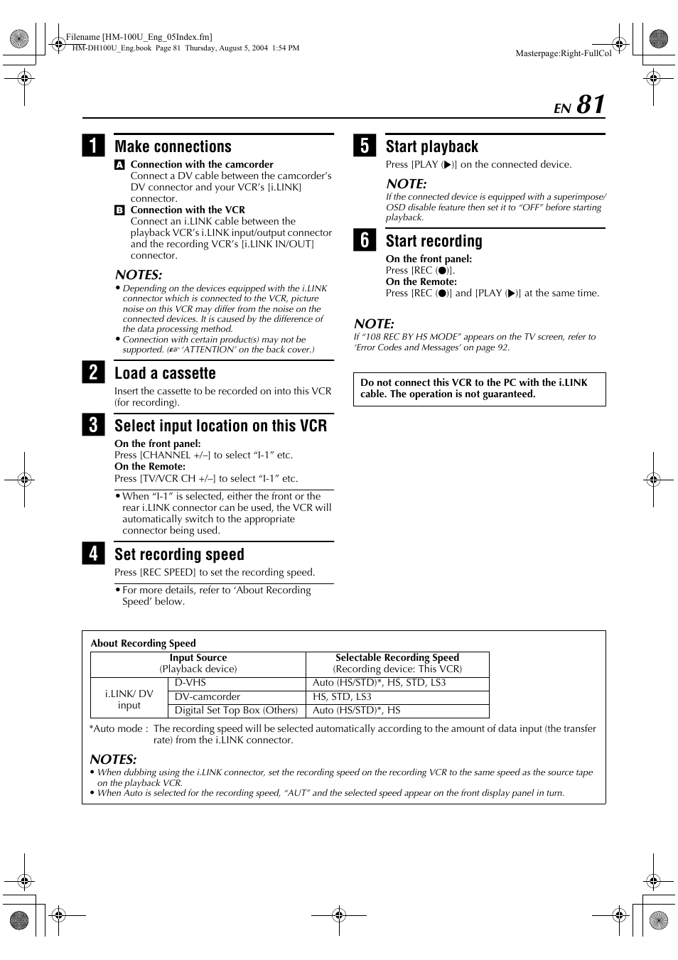 Make connections, Load a cassette, Select input location on this vcr | Set recording speed, Start playback, Start recording | JVC HM-DT100U User Manual | Page 81 / 100