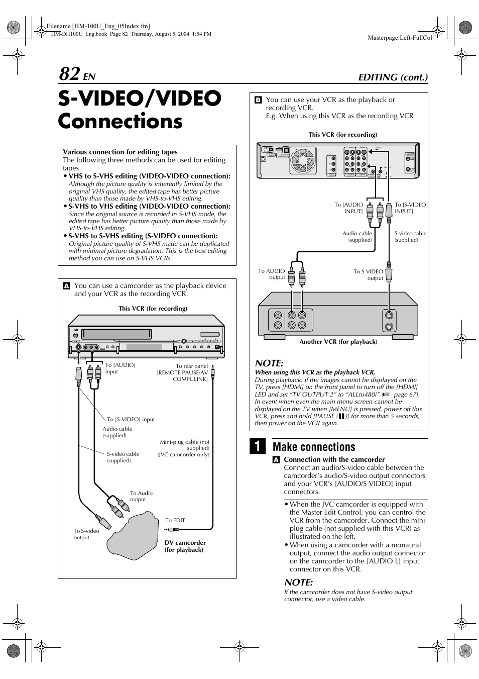 S-video/video connections, Make connections, Editing (cont.) | Vhs to s-vhs editing (video-video connection), S-vhs to vhs editing (video-video connection), S-vhs to s-vhs editing (s-video connection) | JVC HM-DT100U User Manual | Page 82 / 100