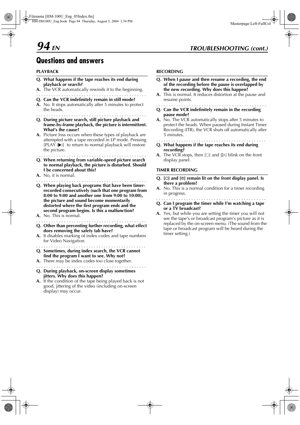 Questions and answers, Troubleshooting (cont.) | JVC HM-DT100U User Manual | Page 94 / 100