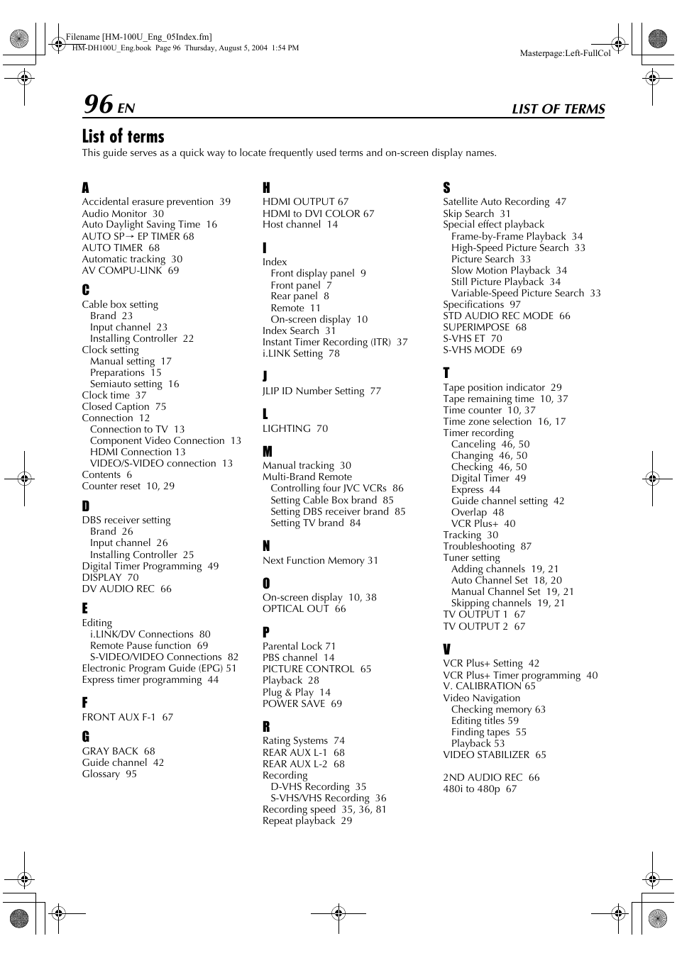 List of terms | JVC HM-DT100U User Manual | Page 96 / 100