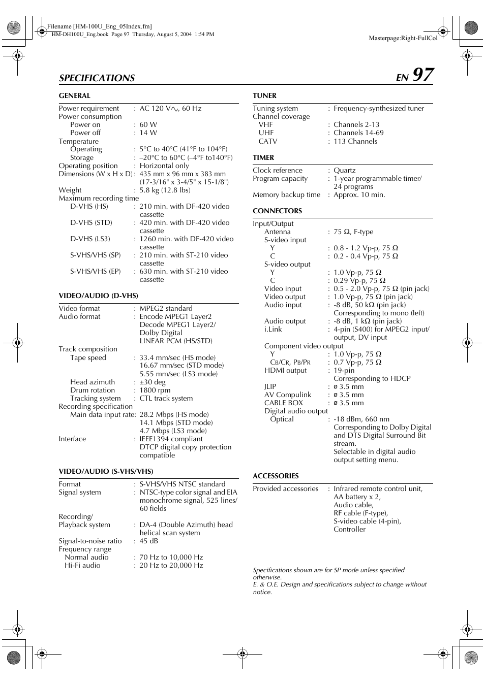 Specifications, Ations 97 | JVC HM-DT100U User Manual | Page 97 / 100