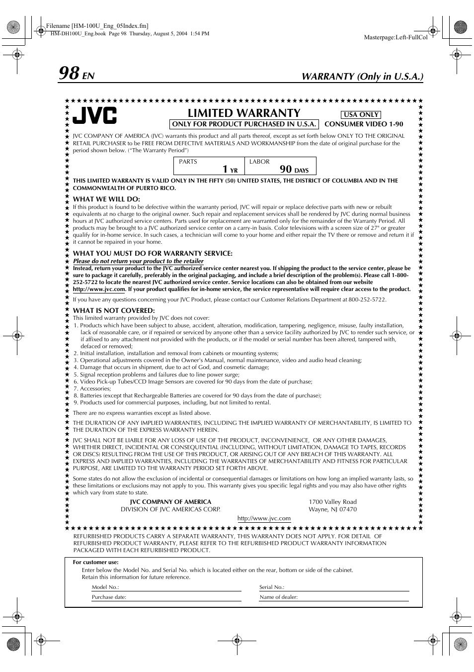 Warranty (only in u.s.a.), Limited warranty | JVC HM-DT100U User Manual | Page 98 / 100
