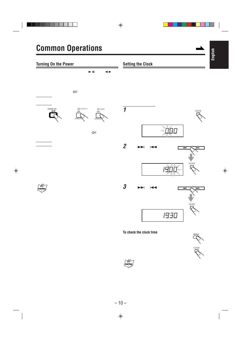 Common operations, Turning on the power, Setting the clock | JVC UX-P5/UX-P3 User Manual | Page 15 / 30