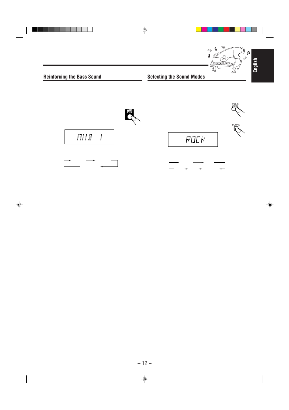 Reinforcing the bass sound, Selecting the sound modes, English | JVC UX-P5/UX-P3 User Manual | Page 17 / 30