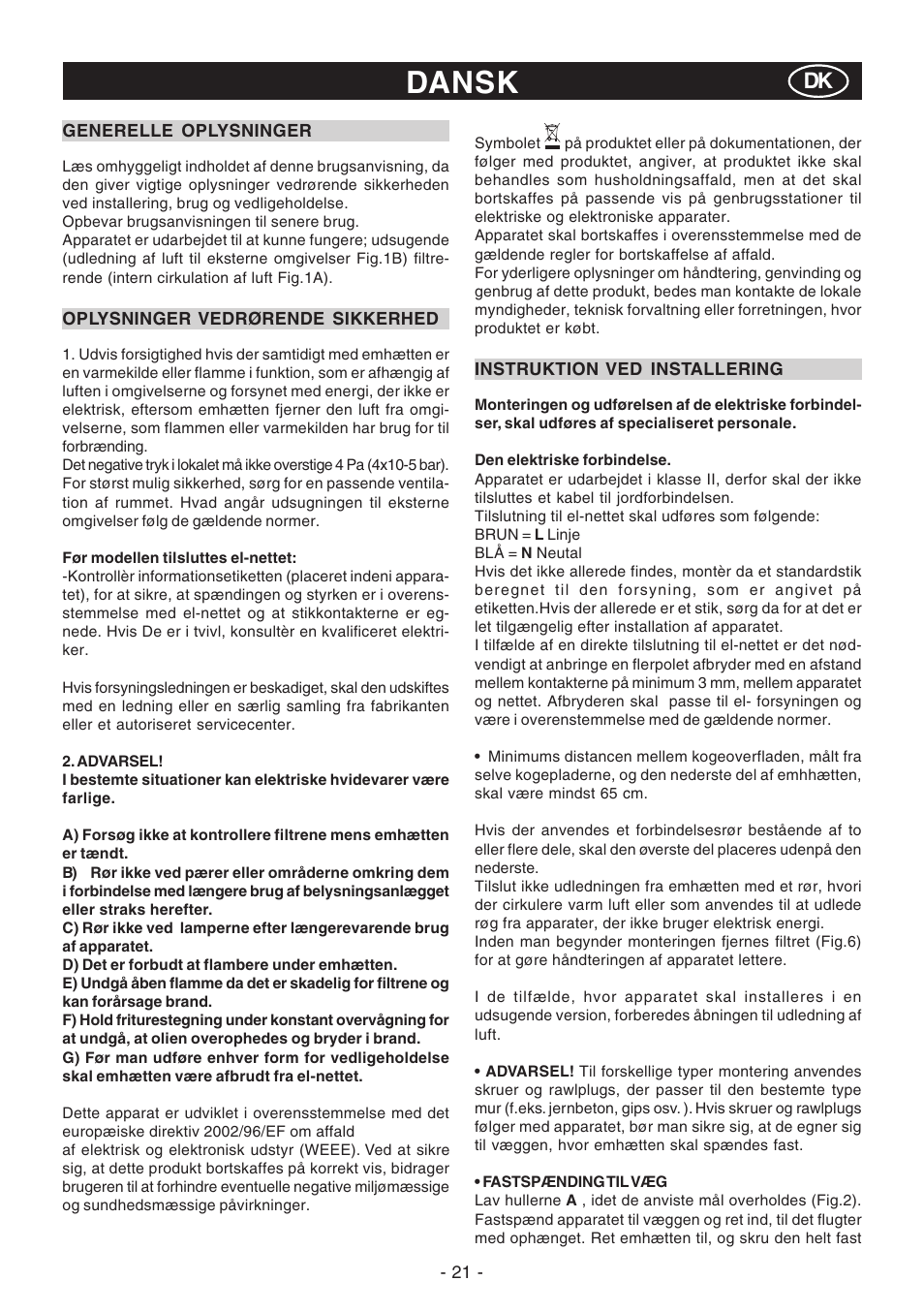 Dansk | DeLonghi KC-RT90B User Manual | Page 21 / 40