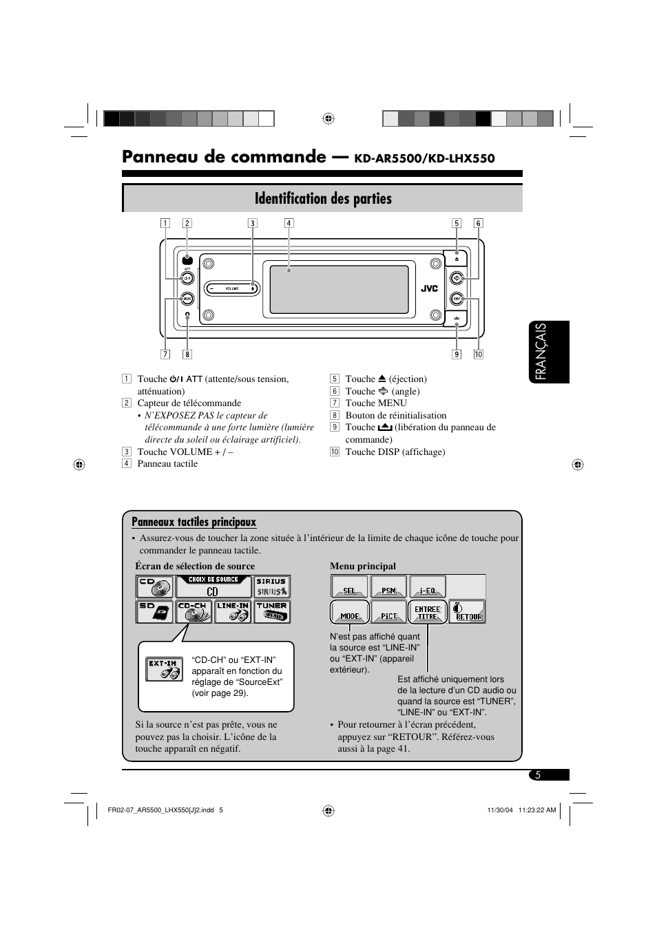 Panneau de commande, Identification des parties, Français | JVC KD-AR5500 User Manual | Page 101 / 147